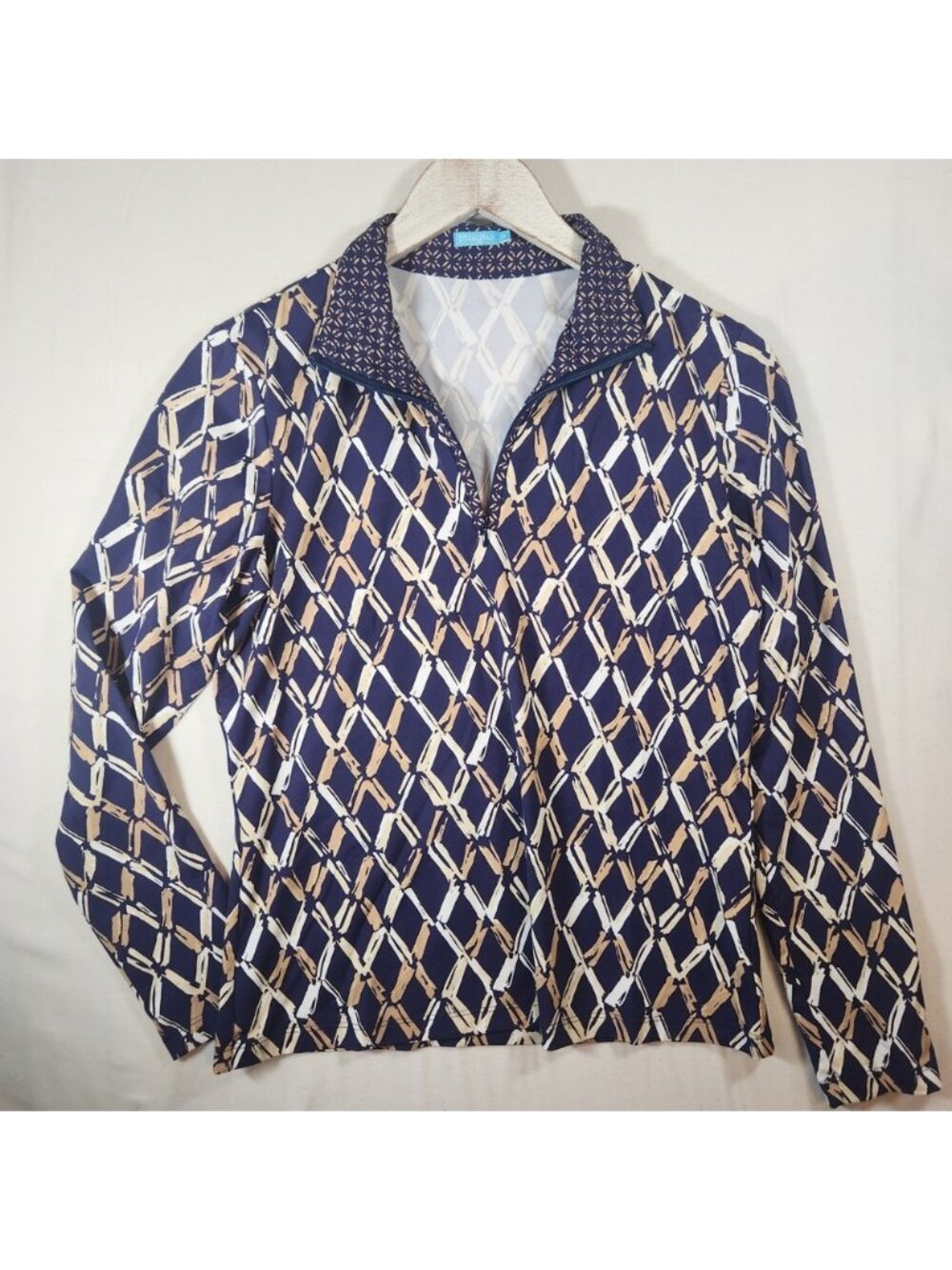 J.McLaughlin Navy Geometric Diamond‎ Print Half Zip Long Sleeve Top Medium